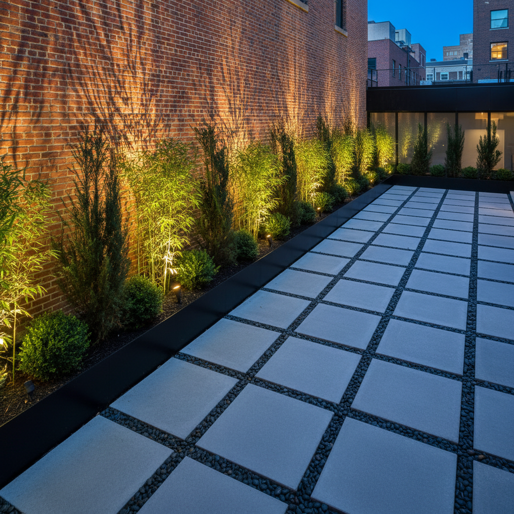 A striking urban courtyard in Washington DC transformed into a high-impact, low-footprint landscape: sleek, oversized rectangular concrete pavers laid in a precise grid, separated by ribbons of dark Mexican beach pebbles. Along one edge, a matte black steel planter runs the length of a brick wall, densely planted with bamboo and architectural evergreens that create a living screen. Uplights at the planter base cast dramatic vertical beams, accentuating foliage silhouettes against the brick. Photographic realism at blue hour, with a strong contrast between cool ambient sky tones and warm landscape lighting. Captured from an elevated corner angle to show the entire layout, with strong linear perspective lines guiding the viewer, evoking a bold, contemporary, expertly designed outdoor room for city properties.